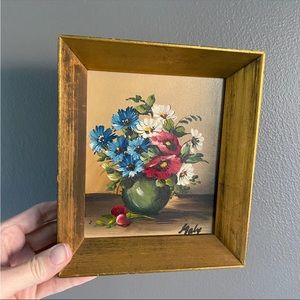 VTG Mini Painting Signed MALY Impressionist Oil Floral Still Life on Board Gold